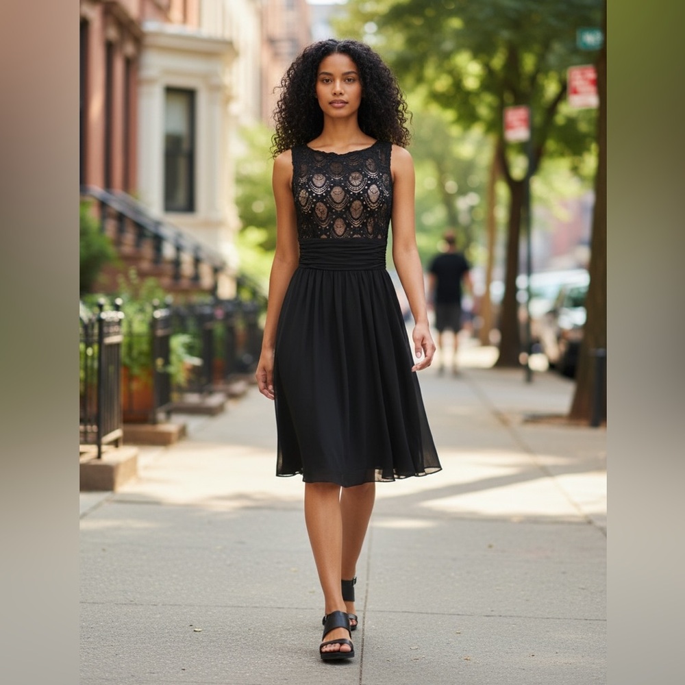 NWT Elegant Sleeveless Black Lace Boatneck Cocktail Formal Evening Dress
